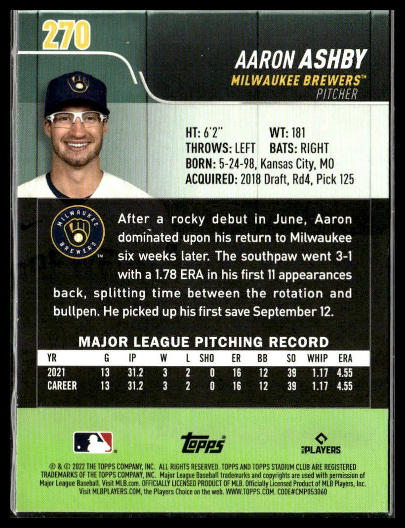 Aaron Ashby #270 2022 Stadium Club Milwaukee Brewers RC