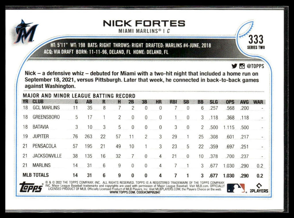 Nick Fortes #333 2022 Topps Miami Marlins RC
