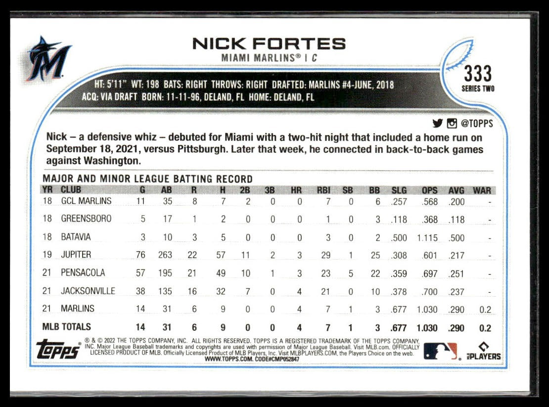 Nick Fortes #333 2022 Topps Miami Marlins RC