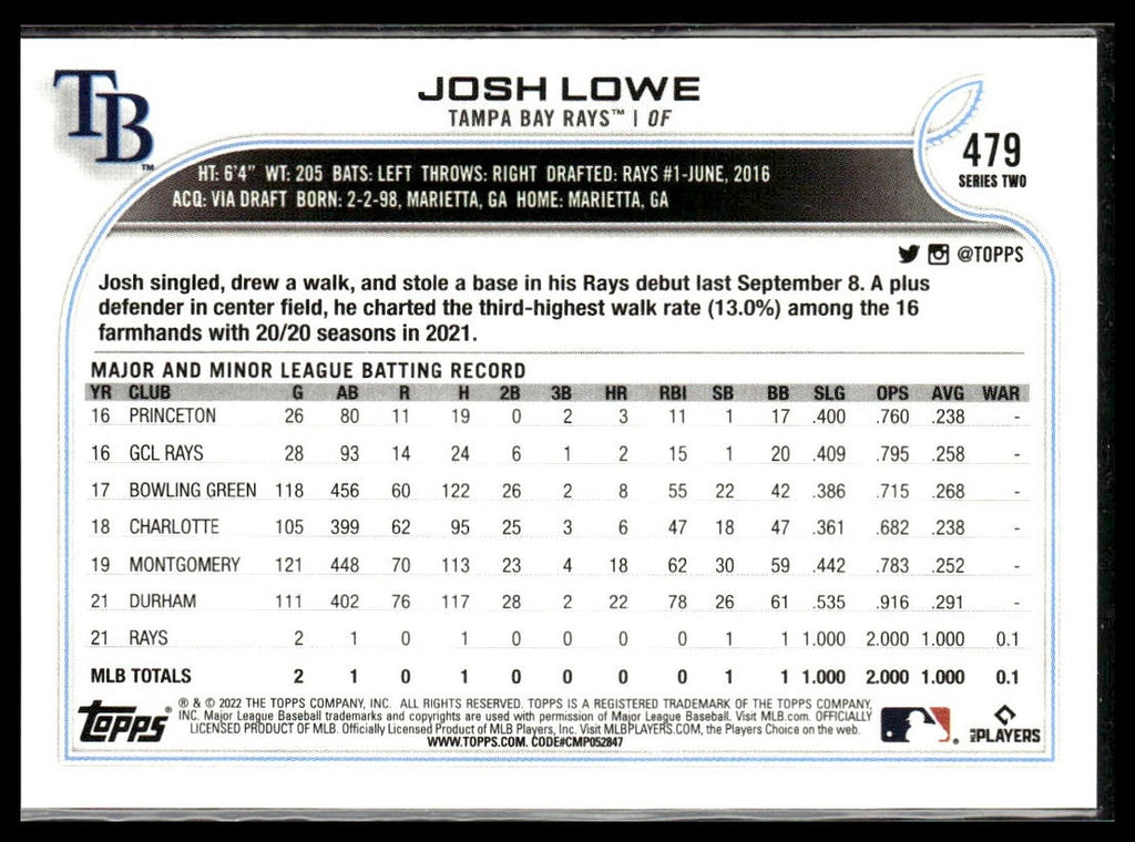 Josh Lowe #479 2022 Topps Tampa Bay Rays RC