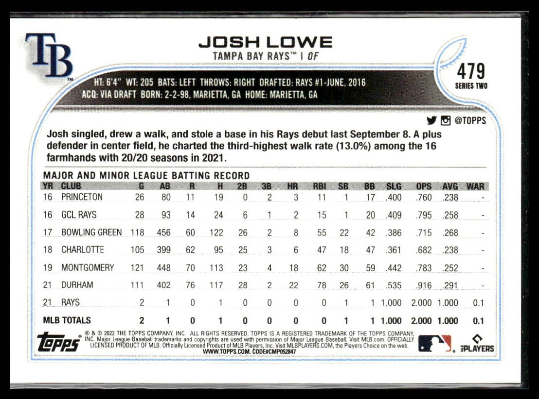 Josh Lowe #479 2022 Topps Tampa Bay Rays RC
