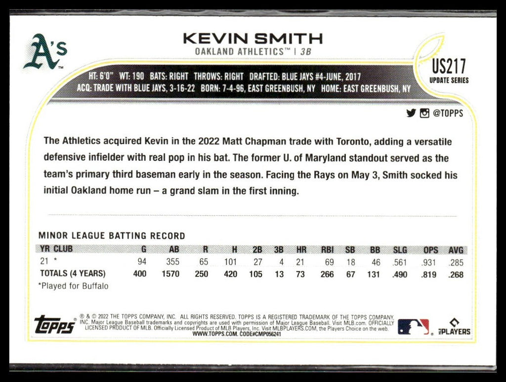 Kevin Smith #US217 2022 Topps Update Oakland Athletics RC
