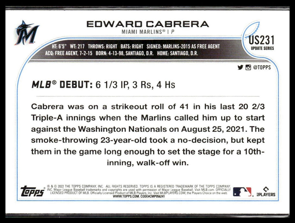 Edward Cabrera #US231 2022 Topps Update Miami Marlins