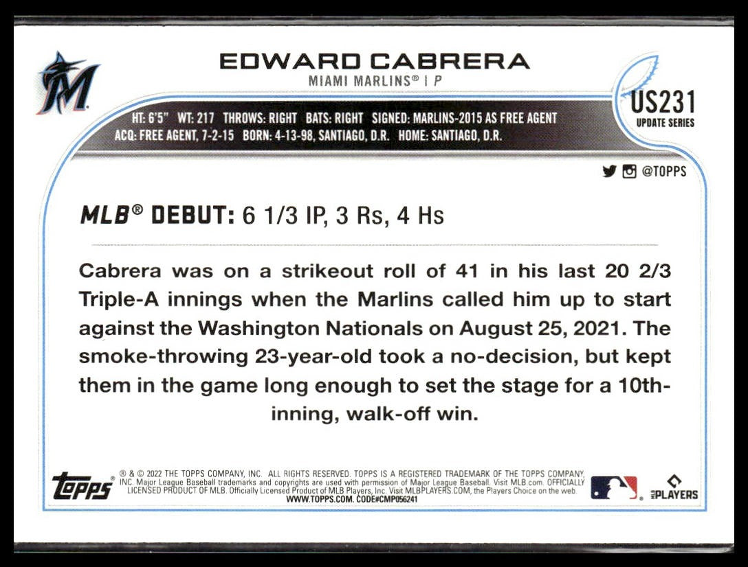 Edward Cabrera #US231 2022 Topps Update Miami Marlins