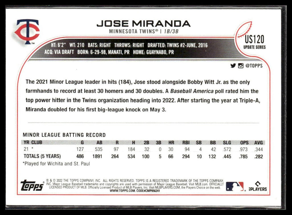Jose Miranda #US120 2022 Topps Update Minnesota Twins RC