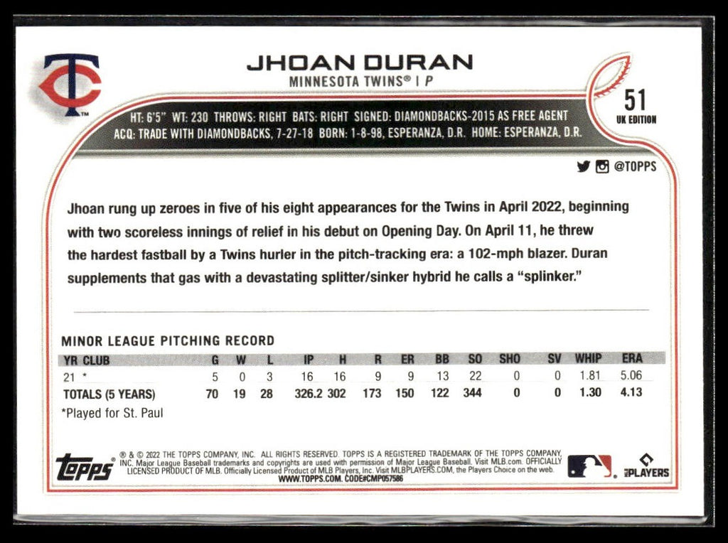 Jhoan Duran #51 2022 Topps UK Edition Minnesota Twins RC