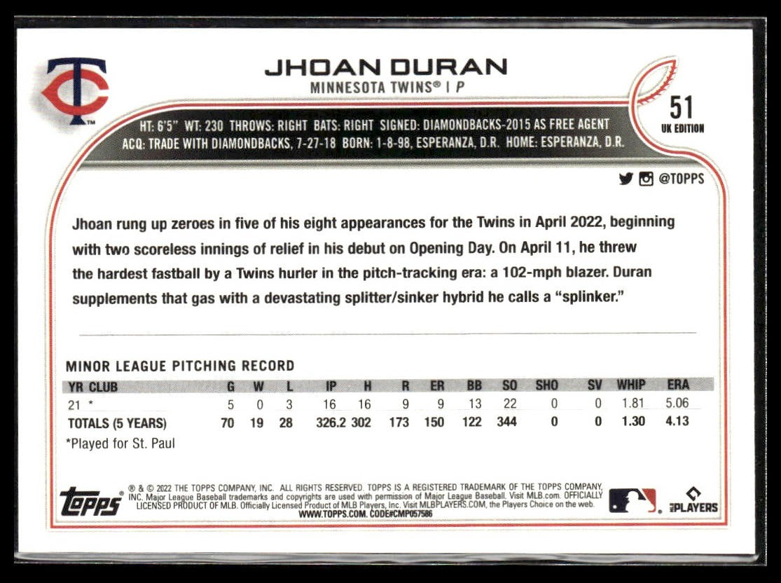 Jhoan Duran #51 2022 Topps UK Edition Minnesota Twins RC
