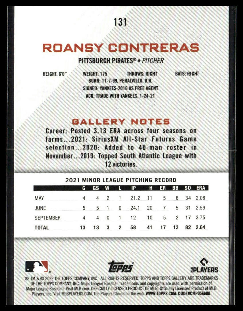 Roansy Contreras #131 2022 Topps Gallery Pittsburgh Pirates RC