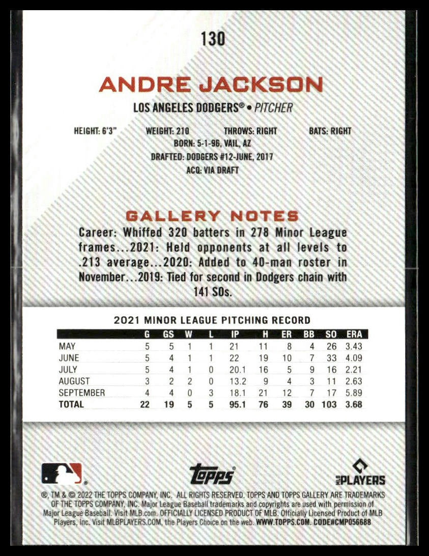 Andre Jackson #130 2022 Topps Gallery Los Angeles Dodgers RC