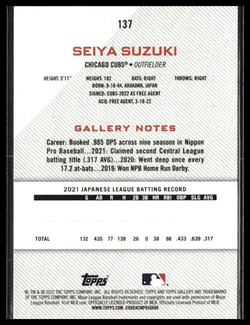 Seiya Suzuki #137 2022 Topps Gallery Chicago Cubs RC