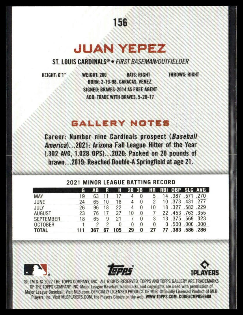 Juan Yepez #156 2022 Topps Gallery St. Louis Cardinals RC