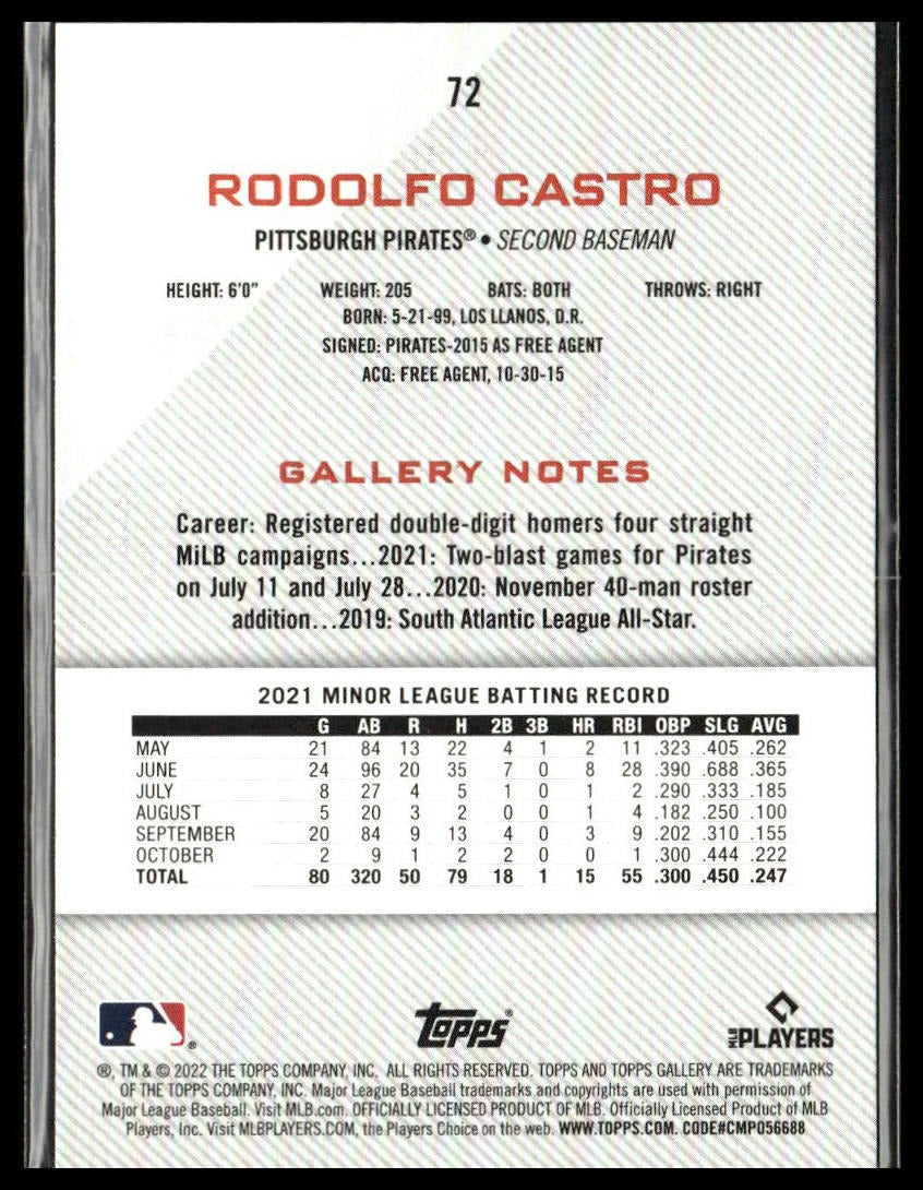 Rodolfo Castro #72 2022 Topps Gallery Pittsburgh Pirates RC