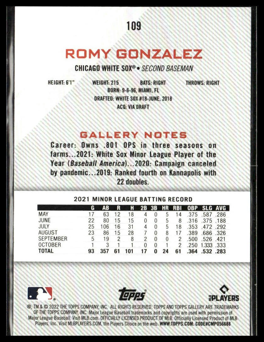 Romy Gonzalez #109 2022 Topps Gallery Chicago White Sox RC
