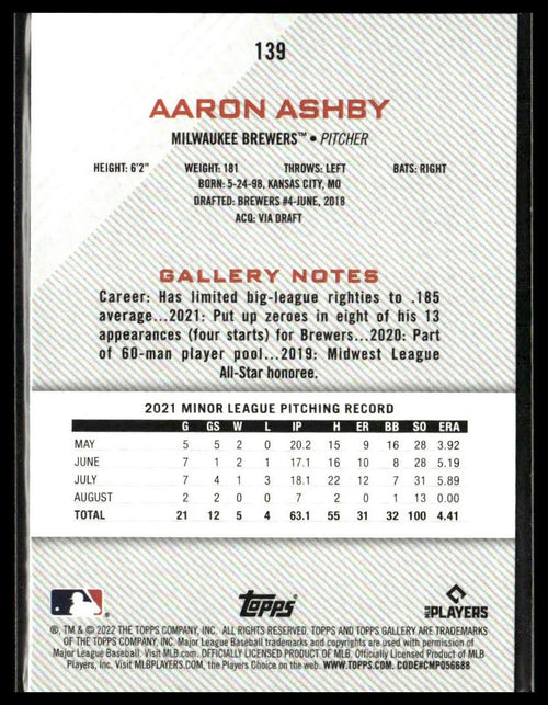 Aaron Ashby #139 2022 Topps Gallery Milwaukee Brewers RC