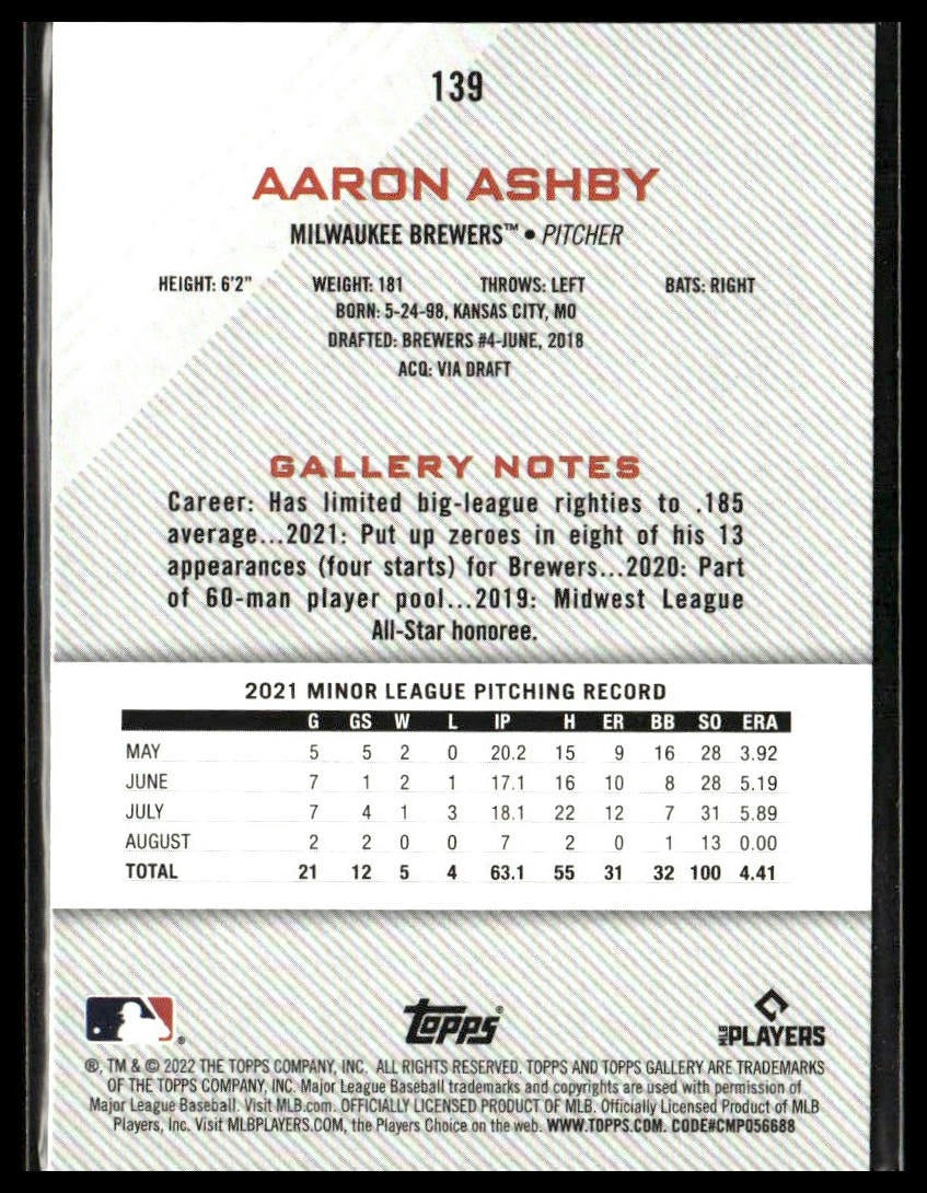 Aaron Ashby #139 2022 Topps Gallery Milwaukee Brewers RC