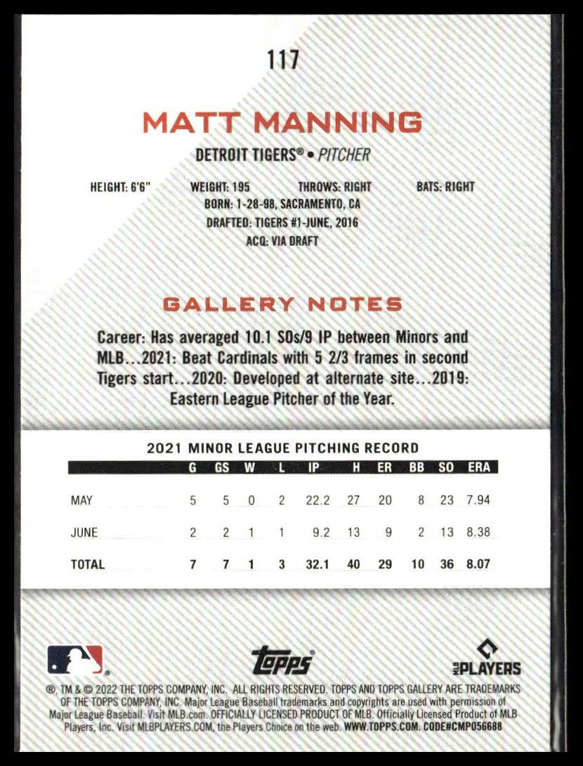 Matt Manning #117 2022 Topps Gallery Detroit Tigers RC