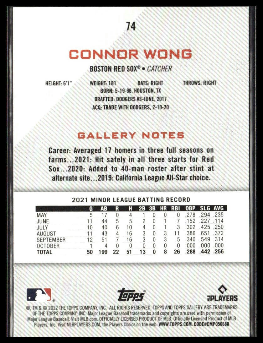 Connor Wong #74 2022 Topps Gallery Boston Red Sox RC