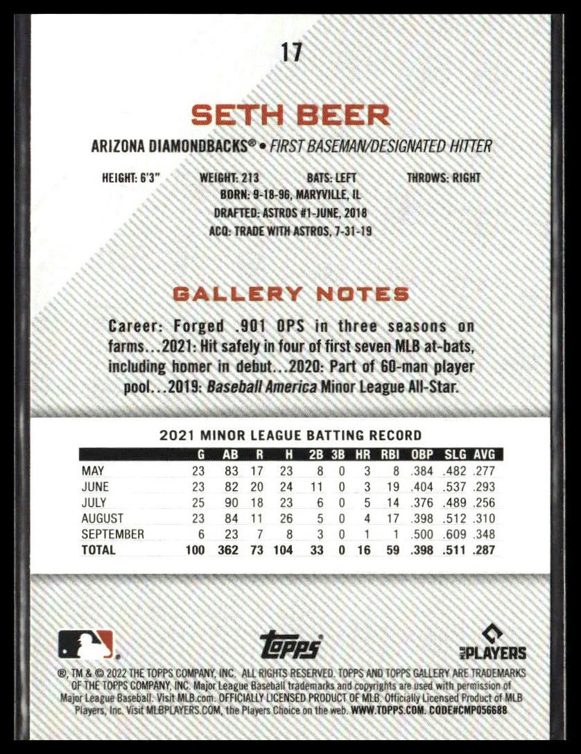 Seth Beer #17 2022 Topps Gallery Arizona Diamondbacks RC