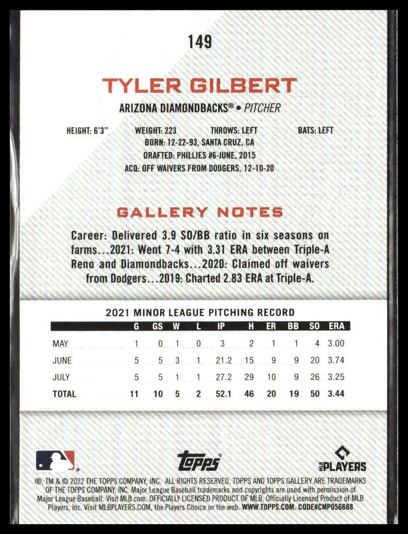 Tyler Gilbert #149 2022 Topps Gallery Arizona Diamondbacks RC