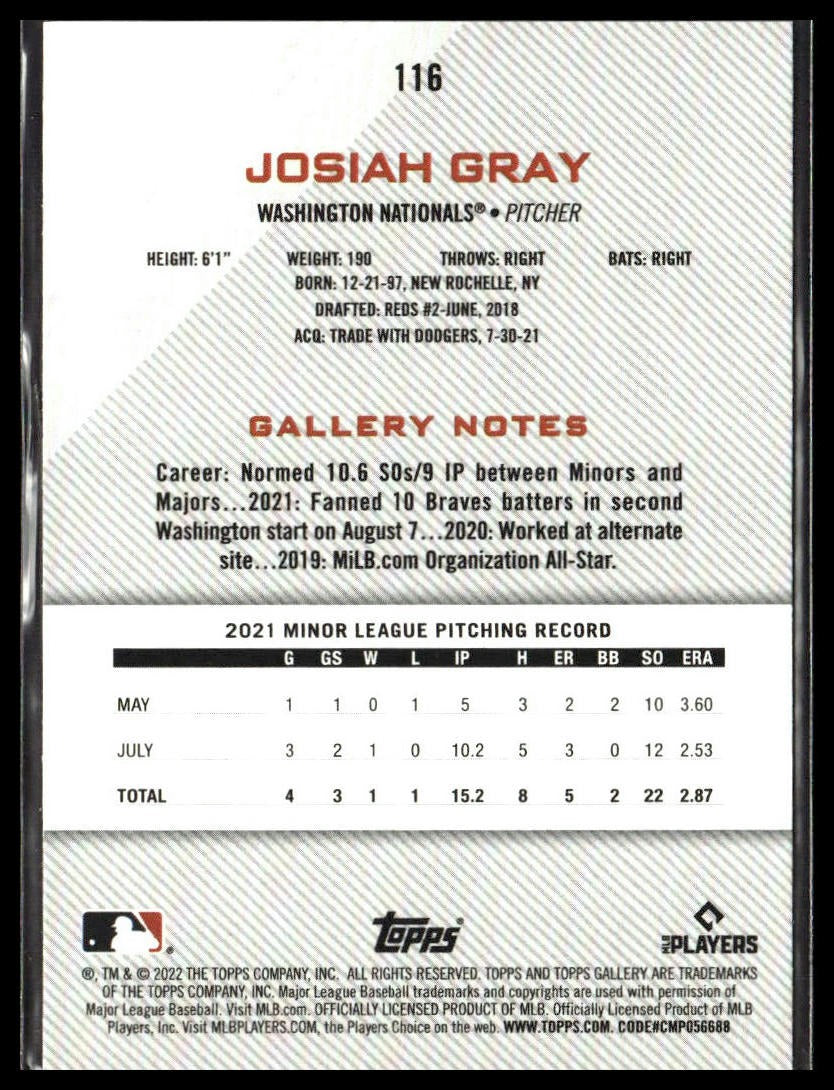 Josiah Gray #116 2022 Topps Gallery Washington Nationals RC