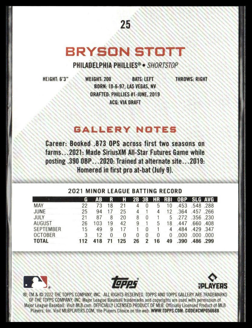 Bryson Stott #25 2022 Topps Gallery Philadelphia Phillies RC