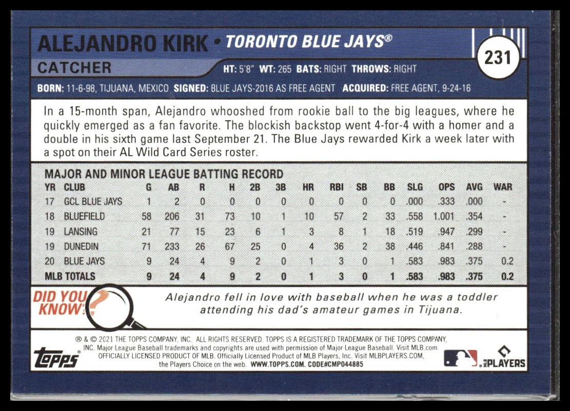 Alejandro Kirk #231 2021 Topps Big League Toronto Blue Jays RC