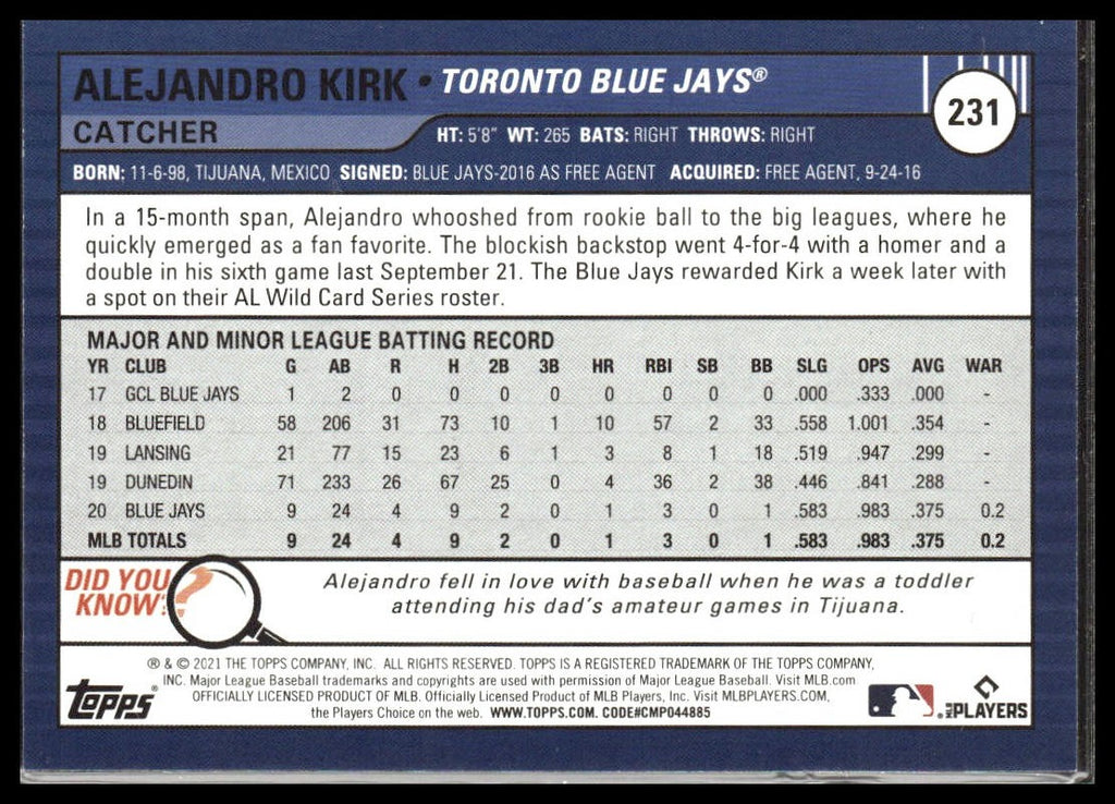 Alejandro Kirk #231 2021 Topps Big League Toronto Blue Jays RC