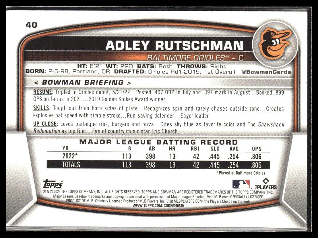 Adley Rutschman #40 2023 Bowman Baltimore Orioles RC
