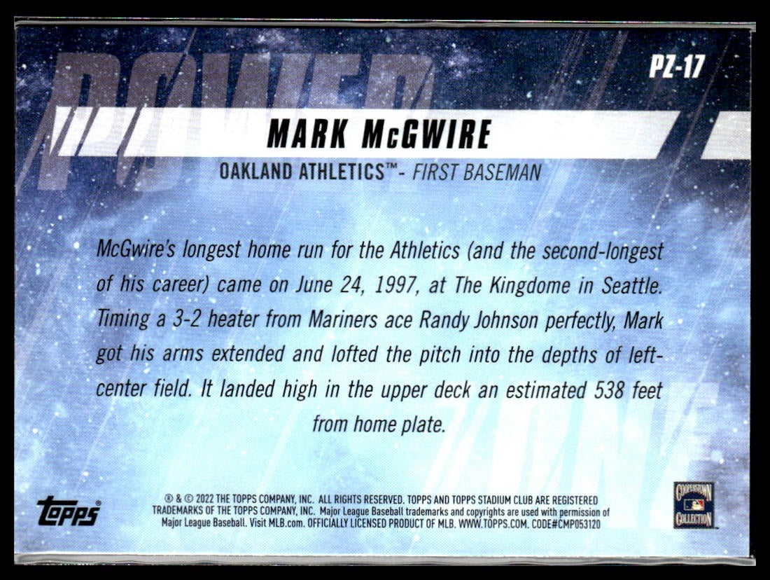 Mark McGwire #PZ-17 Power Zone 2022 Stadium Club Oakland Athletics