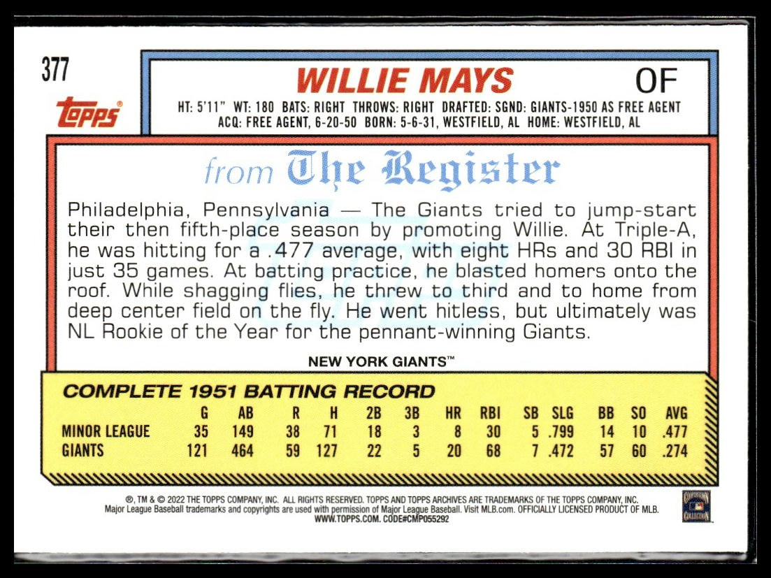 Willie Mays #377 2022 Topps Archives New York Giants