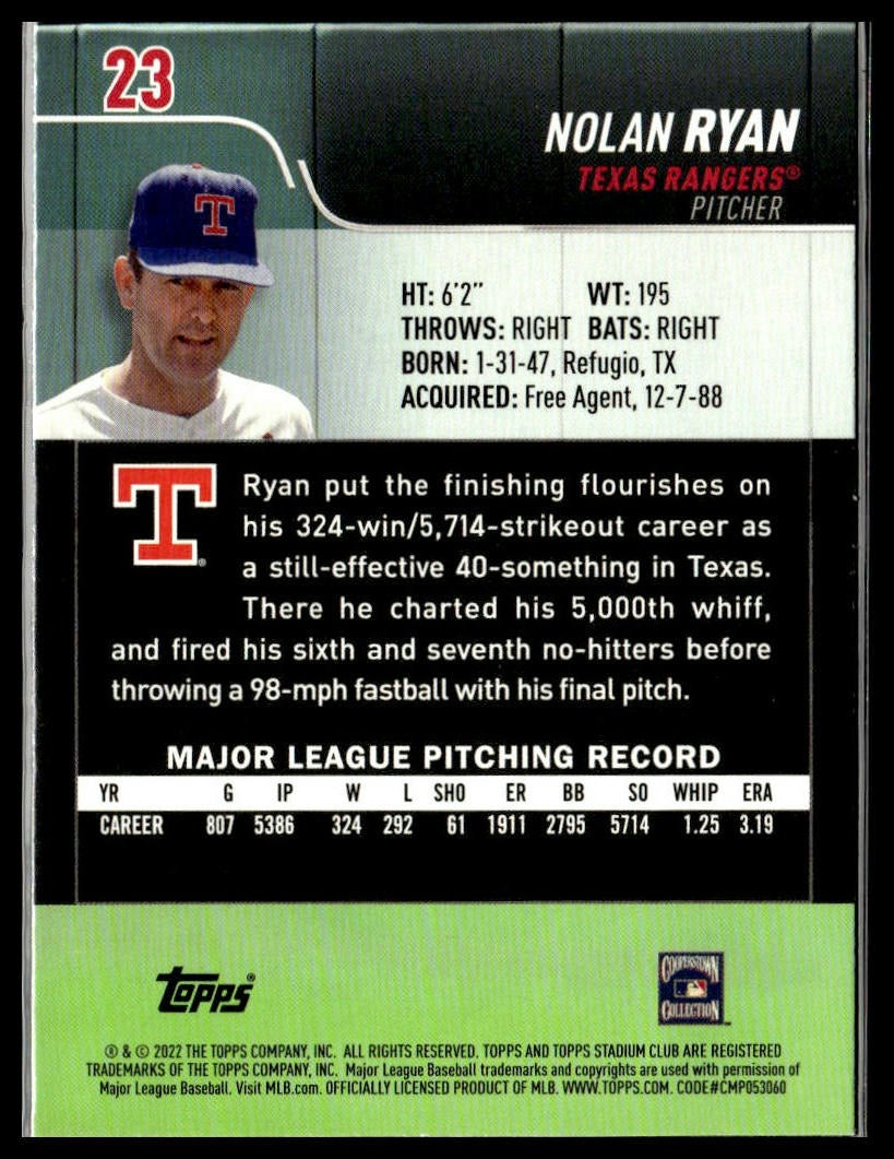 Nolan Ryan #23 Oversized Box Toppers 2022 Stadium Club Texas Rangers