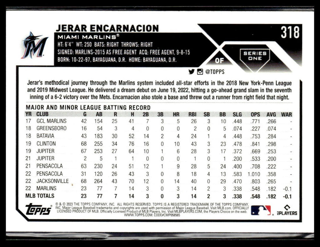 Jerar Encarnacion #318 Gold 2023 Topps #/2023 Miami Marlins