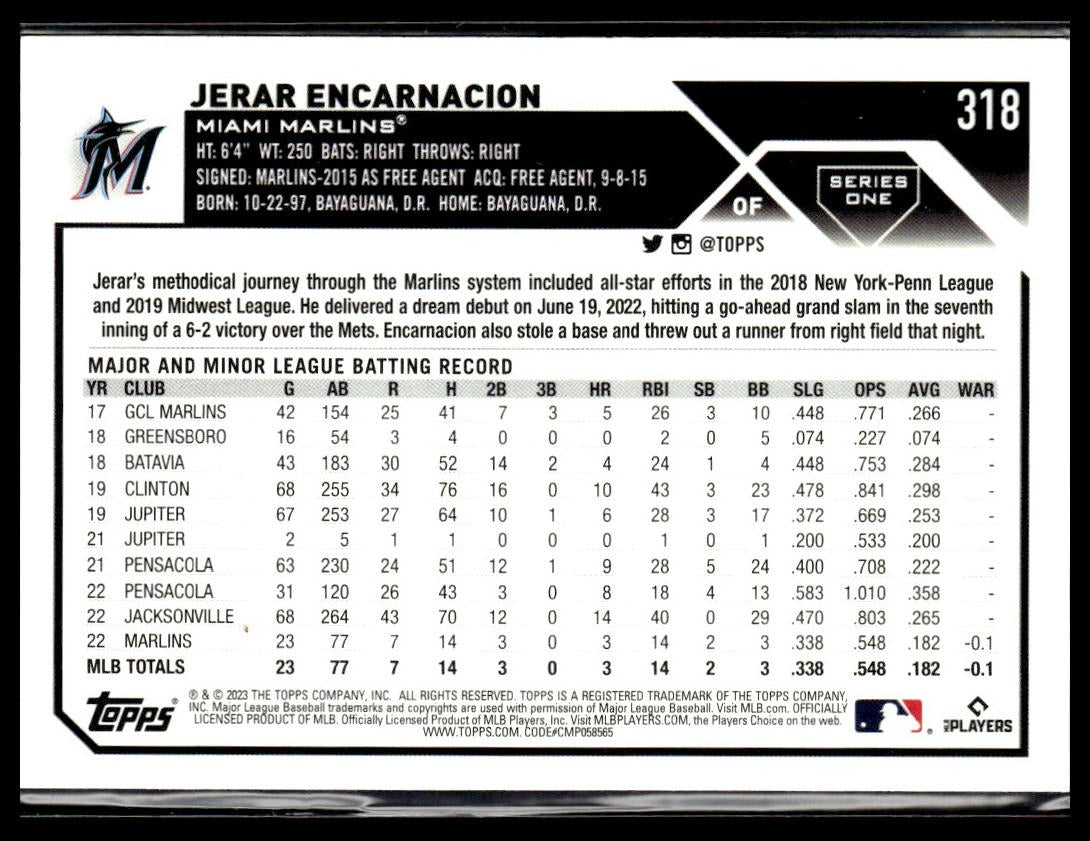 Jerar Encarnacion #318 Gold 2023 Topps #/2023 Miami Marlins