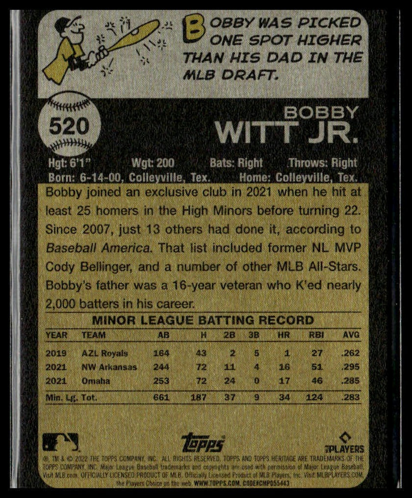 Bobby Witt Jr. #520 2022 Topps Heritage Kansas City Royals RC