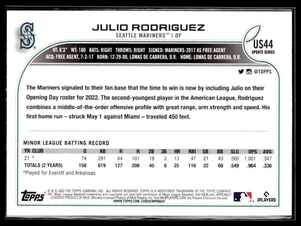 Julio Rodriguez #US44 2022 Topps Update Seattle Mariners RC