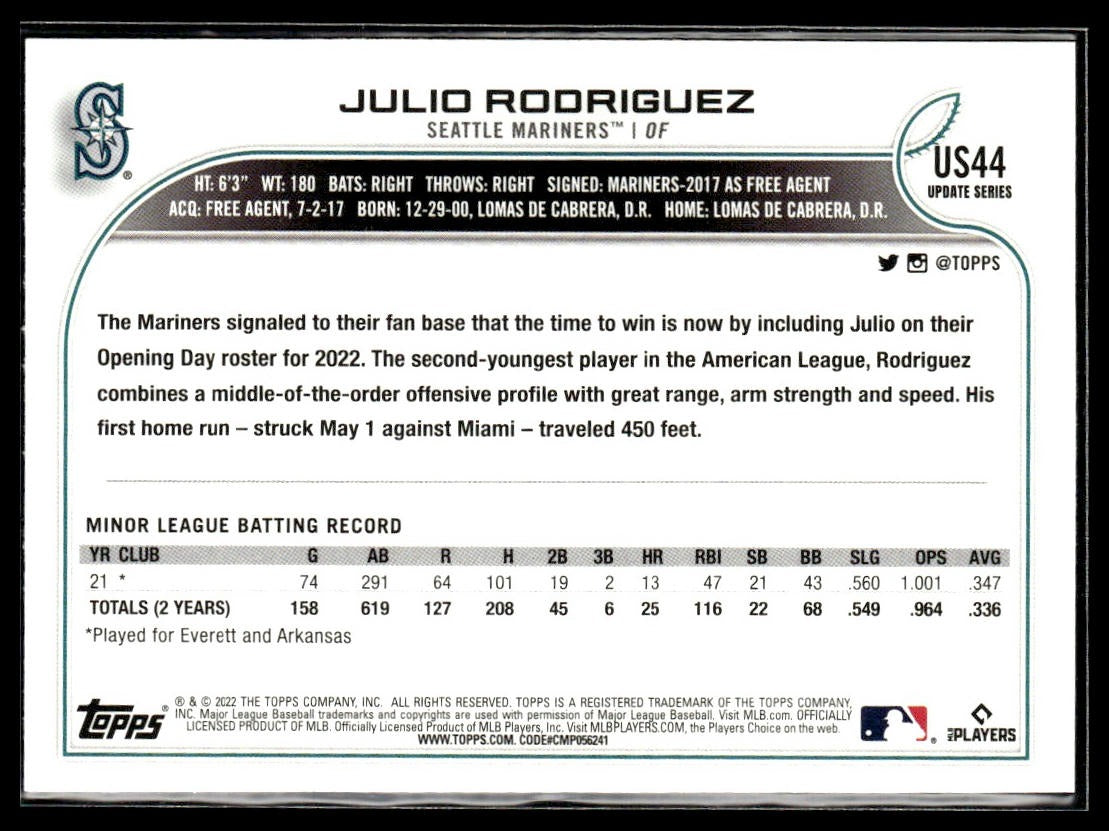 Julio Rodriguez #US44 2022 Topps Update Seattle Mariners RC