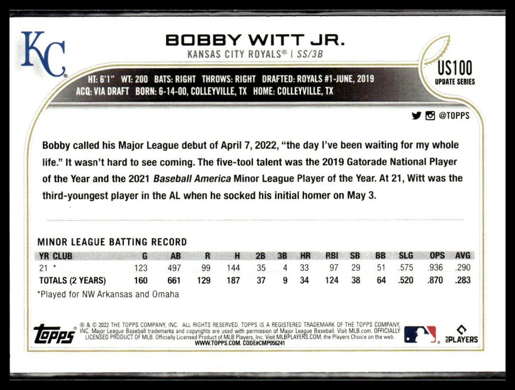 Bobby Witt Jr. #US100 2022 Topps Update Kansas City Royals RC