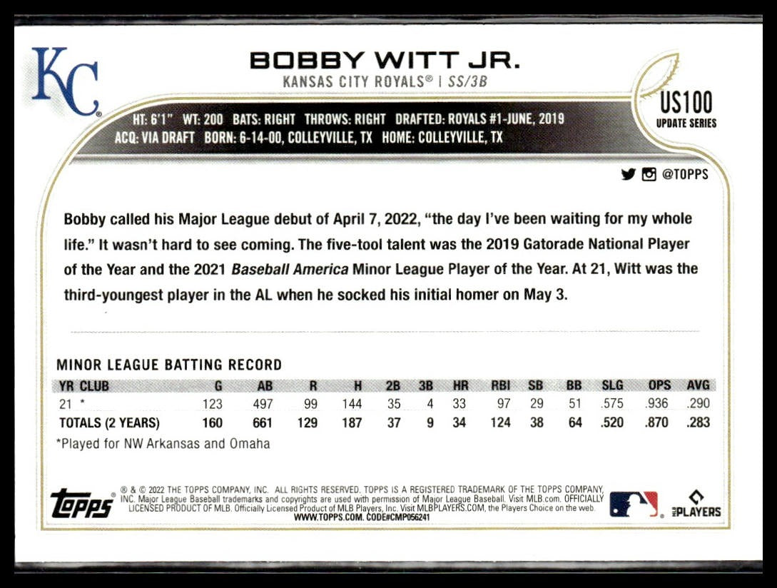 Bobby Witt Jr. #US100 2022 Topps Update Kansas City Royals RC