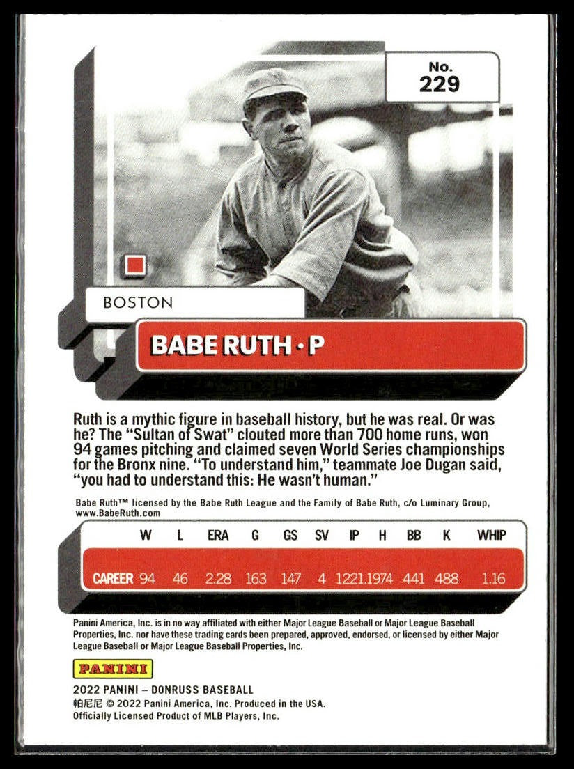 Babe Ruth #229b 2022 Donruss Boston Red Sox
