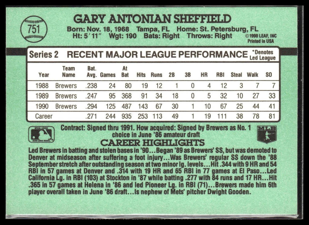 Gary Sheffield #751b 1991 Donruss Milwaukee Brewers