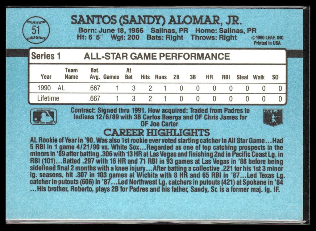 Sandy Alomar #51 1991 Donruss Cleveland Indians