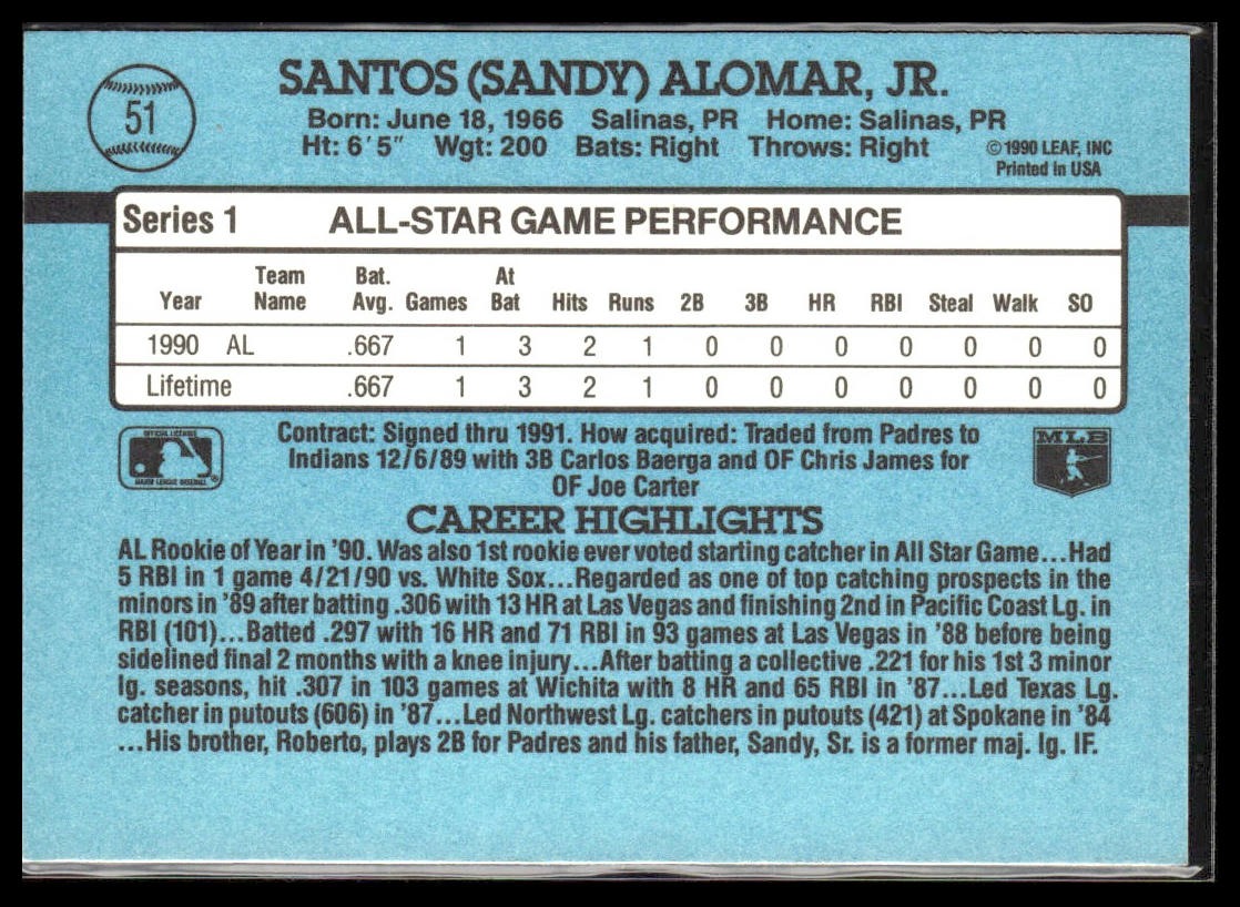 Sandy Alomar #51 1991 Donruss Cleveland Indians