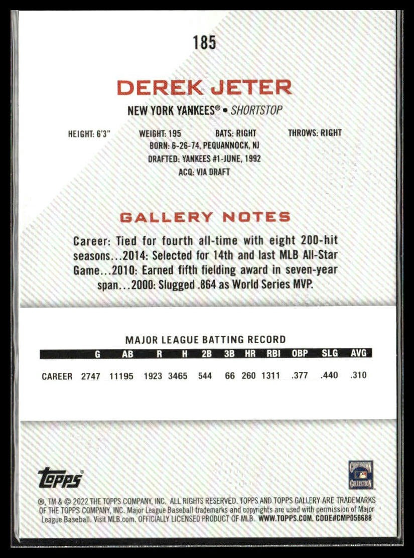 Derek Jeter #185 2022 Topps Gallery New York Yankees