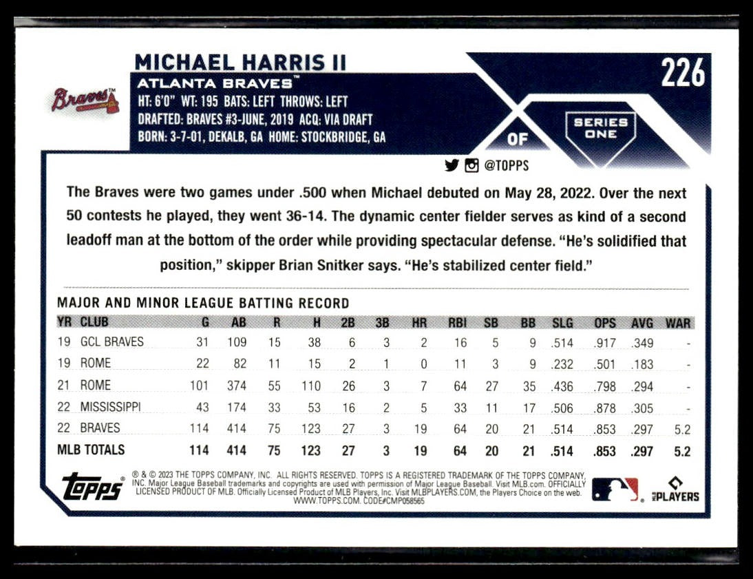 Michael Harris II #226 2023 Topps Atlanta Braves RC