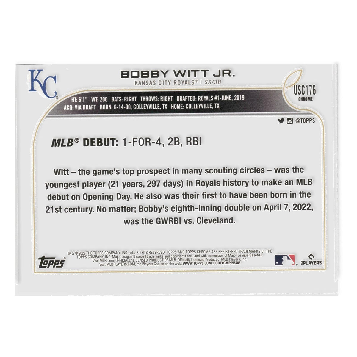 Bobby Witt Jr. #USC176 2022 Topps Chrome Update Kansas City Royals