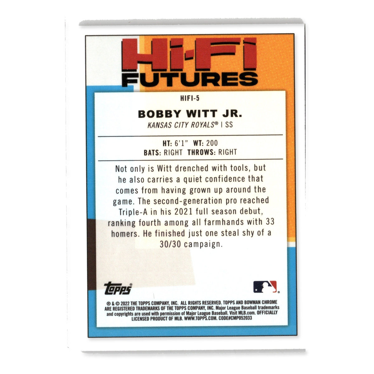Bobby Witt Jr. #HIFI-5 Hi-Fi Futures Mojo Refractor 2022 Bowman Royals