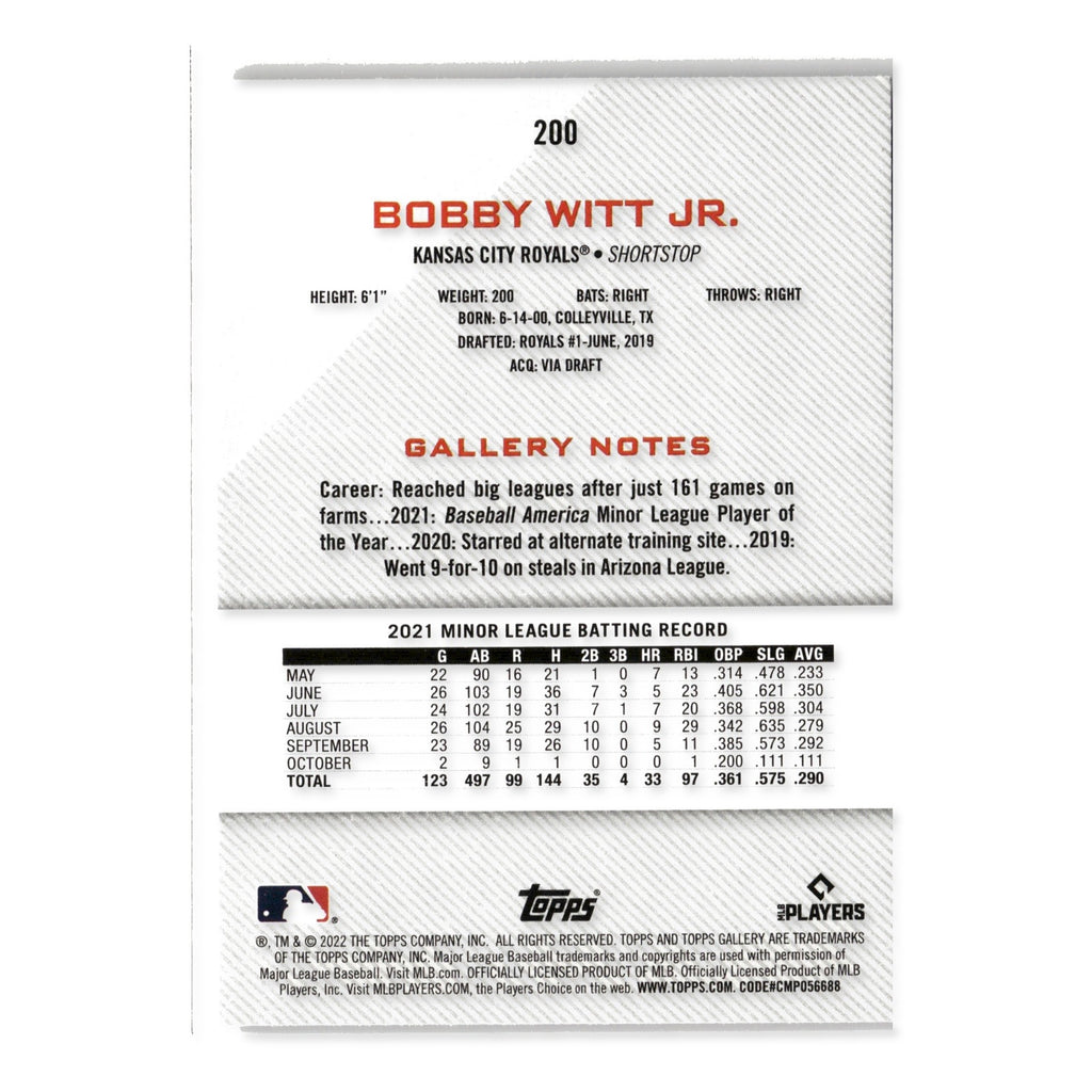 Bobby Witt Jr. #200 Rainbow Foil 2022 Topps Gallery Kansas City Royals