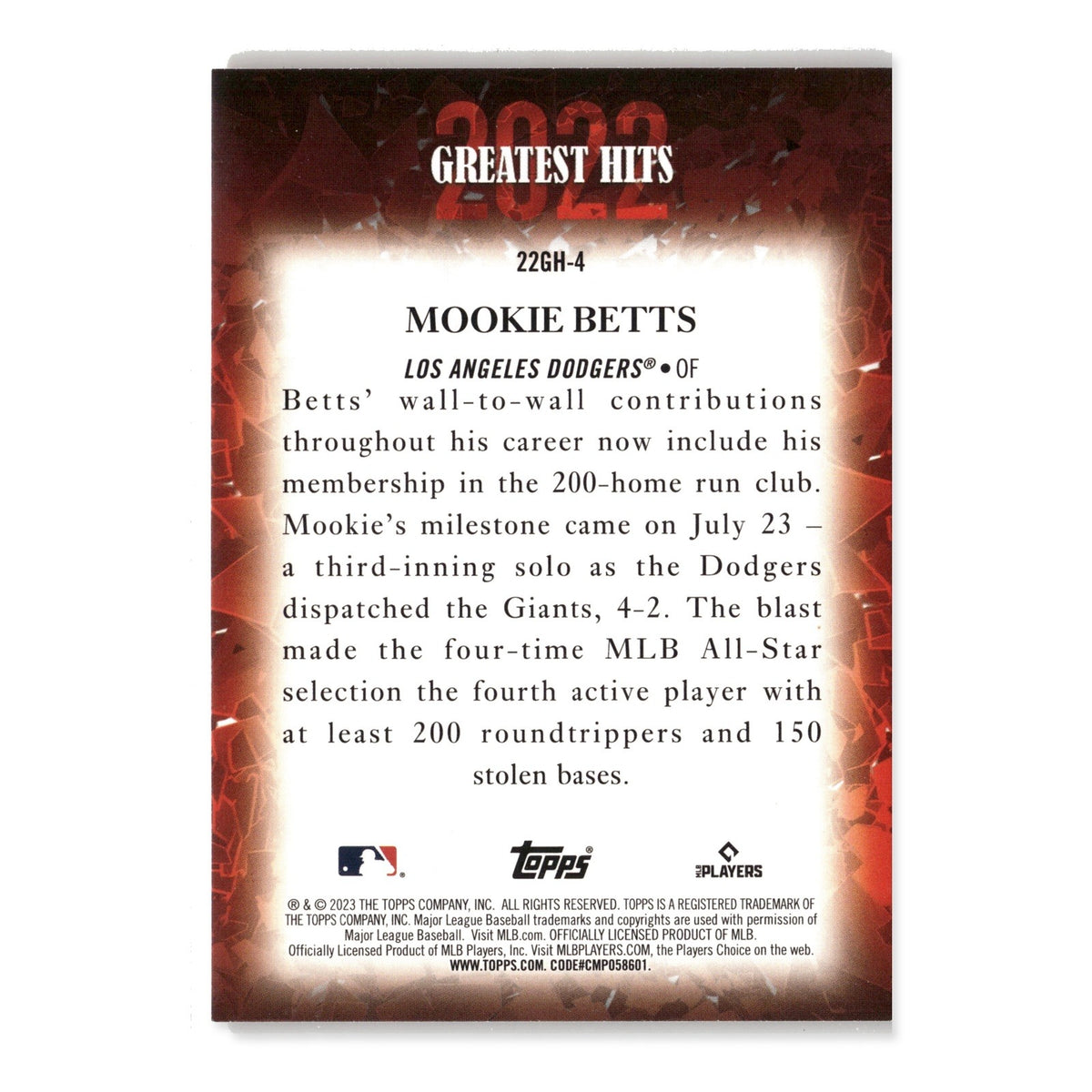 Mookie Betts #22GH-4 2022 Greatest Hits 2023 Topps Los Angeles Dodgers