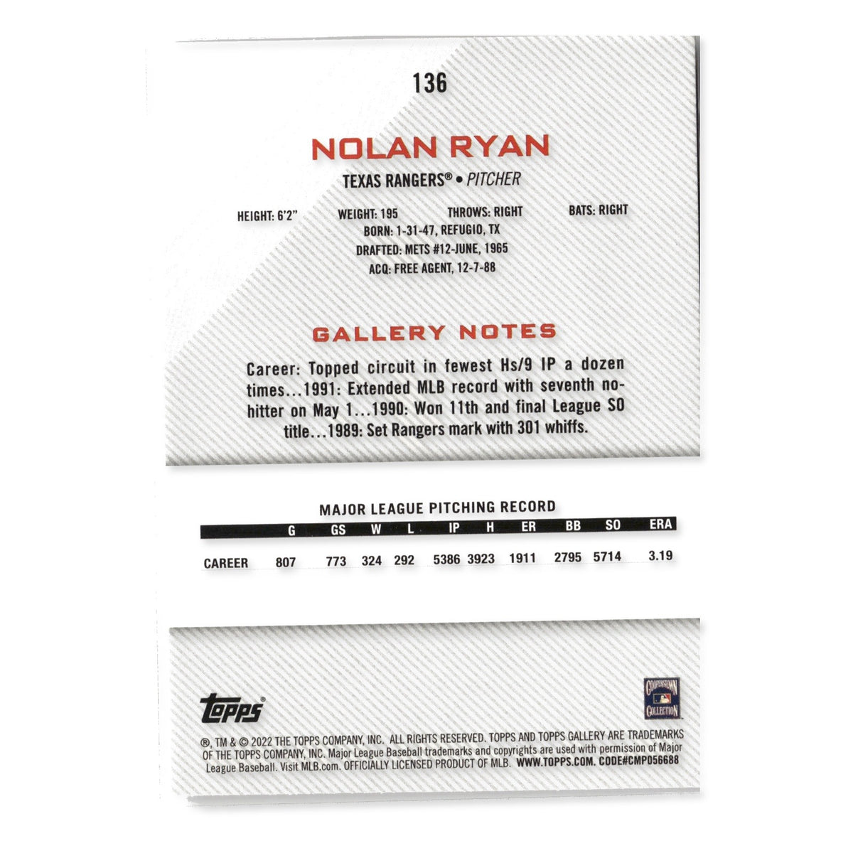 Nolan Ryan #136 Rainbow Foil 2022 Topps Gallery Texas Rangers