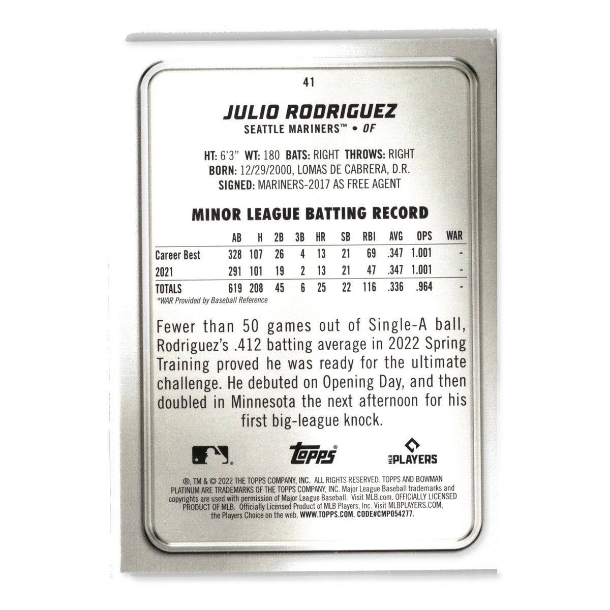 Julio Rodriguez #41 2022 Bowman Platinum Seattle Mariners RC